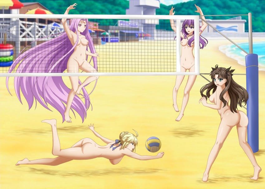 4girls absurdres artoria_pendragon_(fate) ass beach beach_volleyball breasts completely_nude fate/stay_night fate_(series) highres jumping martinstorm matou_sakura medusa_(fate) multiple_girls nude outdoors pussy sand smile tohsaka_rin twintails uncensored volleyball volleyball_net water