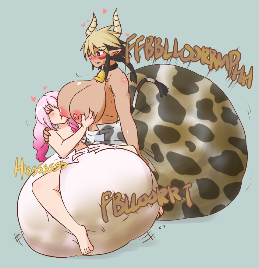 2girls big_breasts breastfeeding breasts dark-skinned_female diaper female horns huge_breasts messy_diaper multiple_girls pink_hair scat soiling sucking_nipple water_noodle