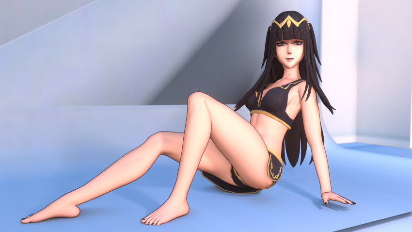 1girls 3d bangs bare_arms bare_legs bare_midriff barefoot black_eyes black_hair black_nails black_panties bra breasts dochaunt24 evil_grin evil_smile female female_only fire_emblem fire_emblem_awakening grin legs medium_breasts midriff nail_polish nintendo panties pantyshot pantyshot_(sitting) pose sitting skirt smile solo tharja_(fire_emblem) underwear upskirt very_long_hair