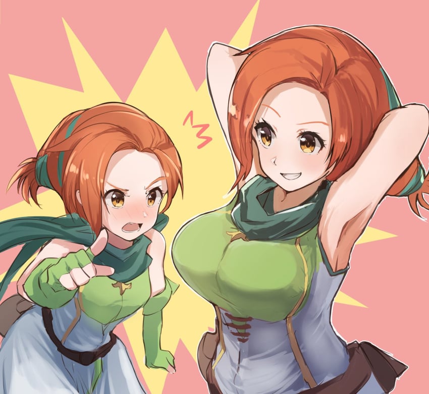 1girls 2girls alternate_breast_size angry belt_pouch breast_envy breasts brown_eyes cath_(fire_emblem) dittoforsmash dual_persona female female_only fire_emblem fire_emblem:_the_binding_blade gloves green_gloves green_scarf highres large_breasts nintendo orange_eyes orange_hair pouch scarf size_difference small_breasts