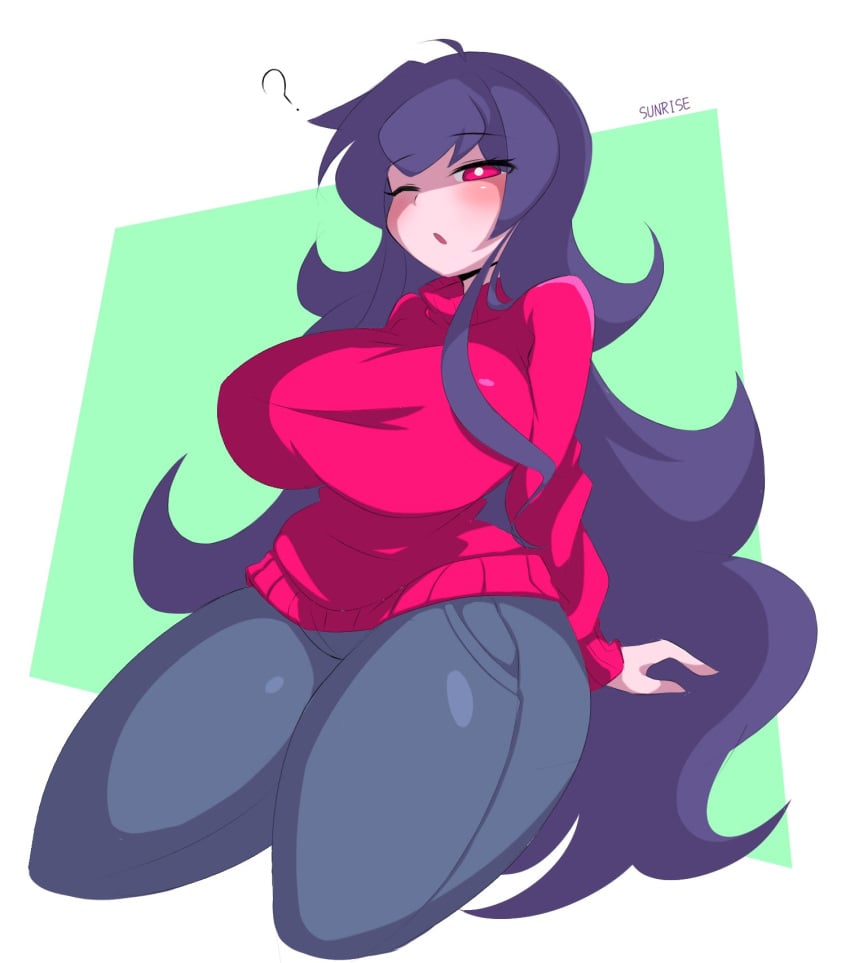 1girls ? big_breasts blush breasts huge_breasts ichigo_inoue_(sunrisenew) light-skinned_female long_hair original_character pants purple_hair red_eyes simple_background solo sunrisenew sweater tagme thick_thighs voluptuous