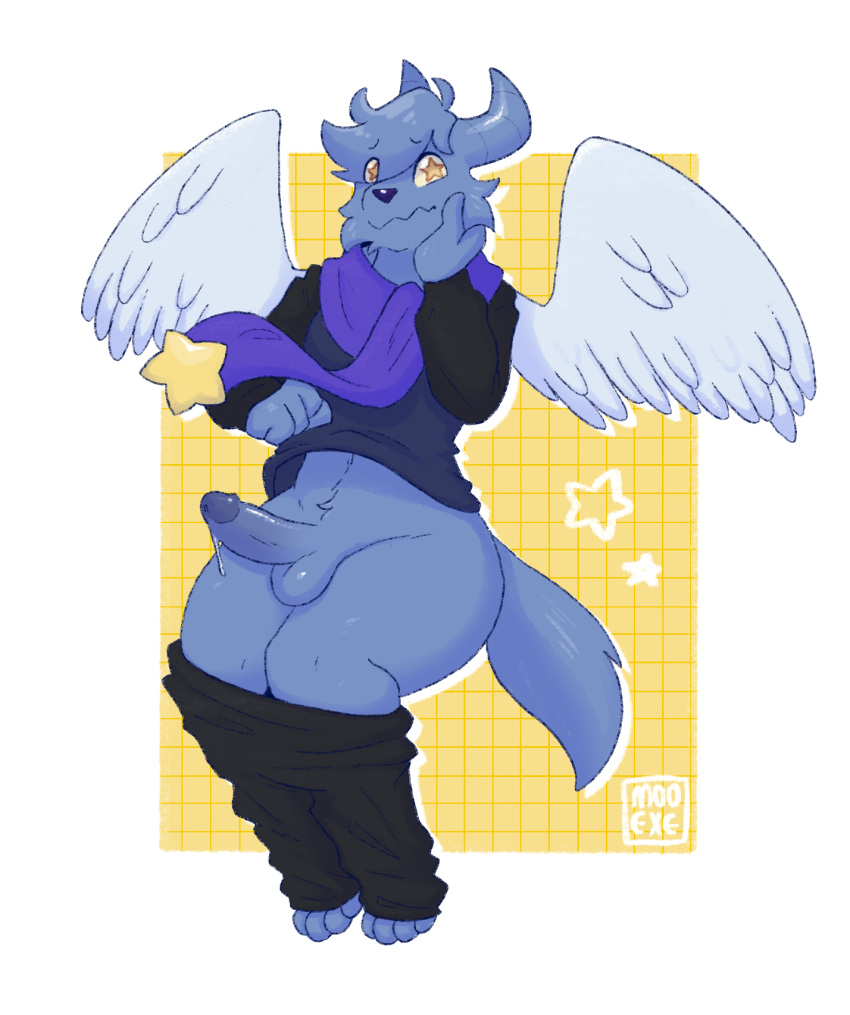 anthro big_penis blue_body bottomwear clothed clothed/nude clothing dragon fluffy_belly genitals hi_res hoodie horn male mooexe nervous nude pants penis razz_(blue_kiwis) scarf solo star star_eyes sweater sweatpants thick_thighs topwear wide_hips wings yellow_eyes