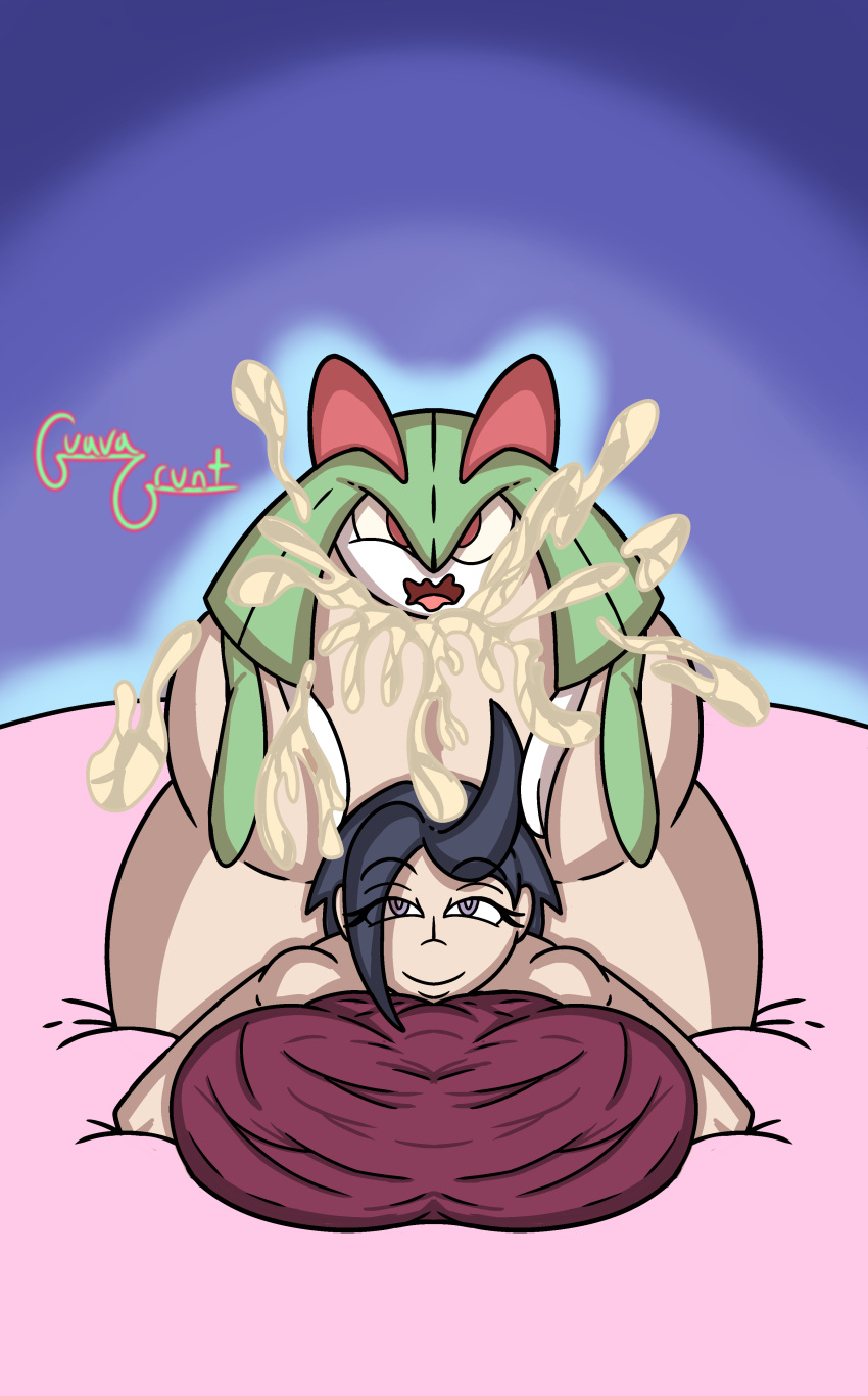 2boys ahe_gao bed big_ass black_hair cum cum_in_ass cumshot ditto eyes_rolling_back fair_skin femboy game_freak gay green_skin guavagrunt huge_ass kirlia looking_at_viewer male male/male male_focus male_kirlia male_only male_pokemon/male_human nintendo pillow pokémon_(species) pokemon pokemon_(species) pokephilia psychic_(pokemon) purple_eyes red_eyes small_dom_big_sub smile white_body yaoi