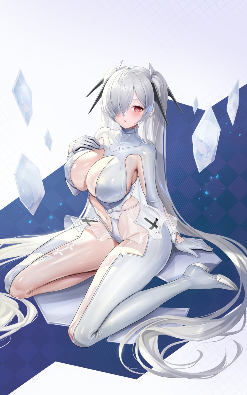 1girls anachiro_(nikke) blush bodysuit breasts cinderella_(nikke) cleavage cleavage_cutout female female_only goddess_of_victory:_nikke hair_covering_eye hair_ornament hair_over_one_eye highres huge_breasts large_breasts looking_at_viewer navel red_eyes reflection sitting solo twintails white_hair yuen