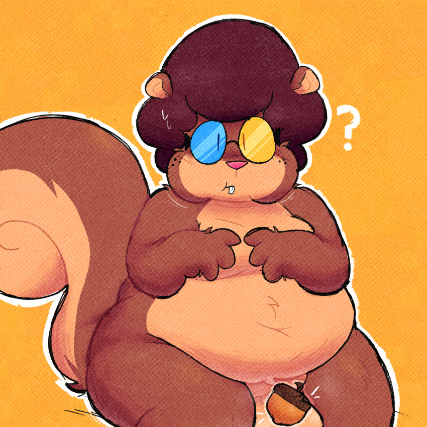 acorn anthro balls censored eyewear food frappé fruit genitals glasses hi_res invalid_tag looking_at_viewer male mammal nut_(fruit) overweight plant question_mark rodent sciurid short_stack sitting solo thick_thighs tree_squirrel