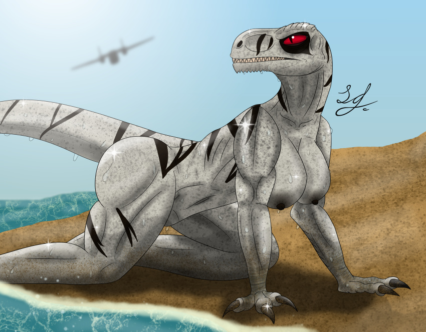 absurd_res aircraft airplane angry anthro atrociraptor beach crawling dinosaur dromaeosaurid female ghost_(jurassic_world_dominion) hi_res jurassic_park jurassic_world jurassic_world:_dominion lindwormduality nipples reptile sand scalie sea seaside solo striped_body stripes sun theropod universal_studios water white_body