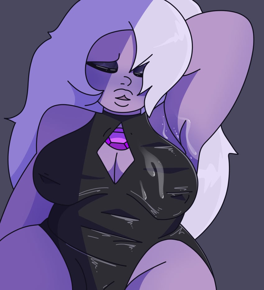 1girls 2023 amethyst_(steven_universe) armpit cartoon_network chubby closed_eyes cum cum_on_armpit cum_on_clothes drawinecchi dress eyeshadow gem_(species) grey_background nipple_bulge one_arm_up open_mouth purple_body purple_skin self_upload simple_background steven_universe wet_armpit white_hair