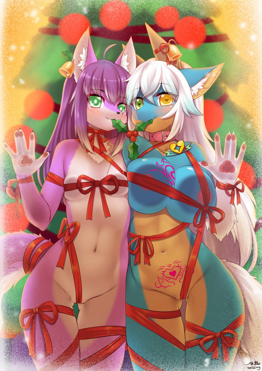 <3_eyes absurd_res accessory against_surface anthro bell big_breasts bite blue_body blush blushing_at_viewer bondage bow_ribbon breast_squish breasts canid canine canis chest_tattoo christmas collar dragon duo female fur furgonomics genitals glass green_eyes hair heart hi_res holidays horn inner_ear_fluff looking_at_viewer mammal mistletoe mostly_nude mostly_nude_anthro mostly_nude_female multicolored_eyes navel on_glass pawpads pink_body pink_pawpads plant purple_body purple_hair pussy pussy_floss red_ribbon ribbons side_by_side smile squish tail tail_accessory tattoo tuft white_hair wolf wolfhimeqin wolflong yellow_eyes