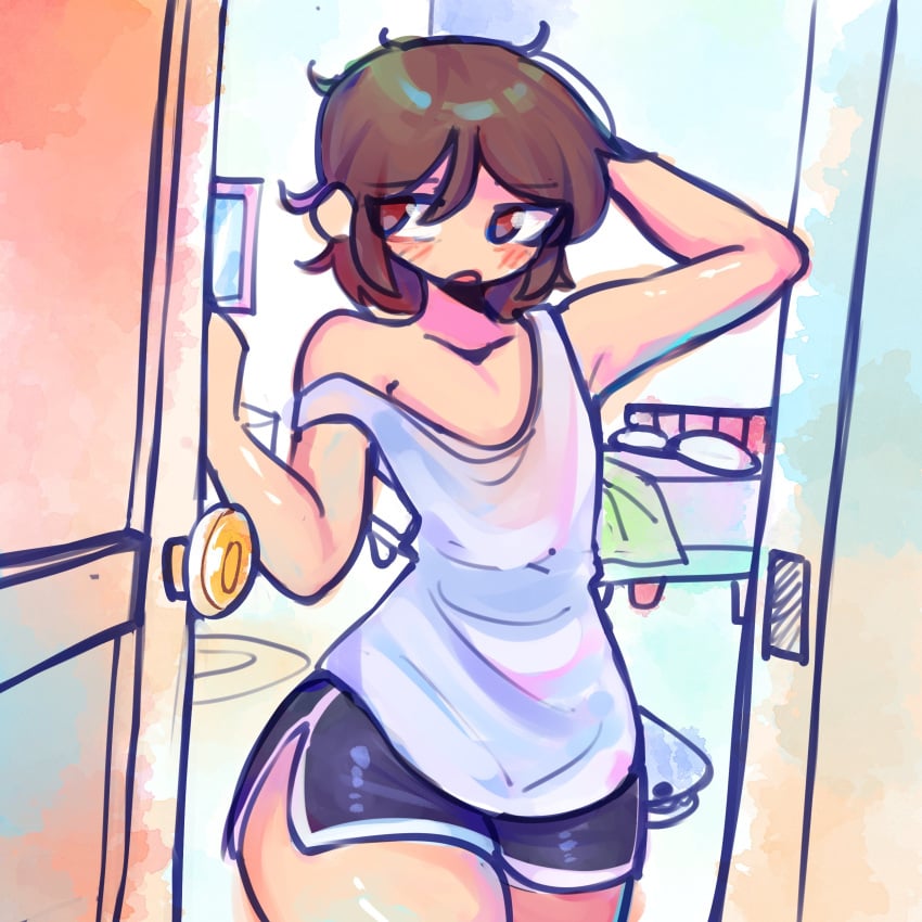 /// 1boy androgynous bedroom big_thighs blush booty_shorts brown_eyes brown_hair door exposed_shoulder femboy girly hand_behind_head hand_on_door holding_door_open indoors looking_to_the_side male male_only messy_hair namesloo open_door open_mouth short_hair shorts sleeveless_shirt solo standing strap_slip tank_top tea_(namesloo) trap wide_hips