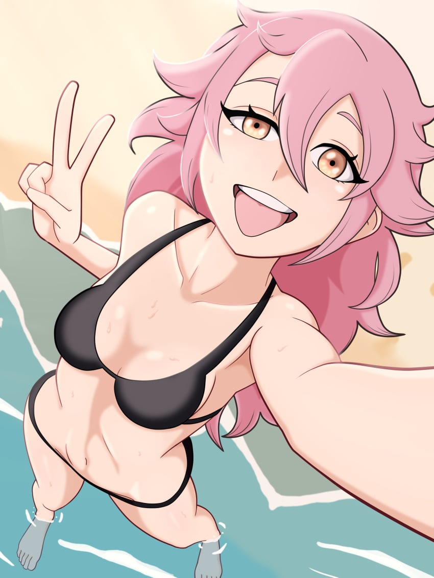 1girls alternate_costume bare_legs bare_midriff barefoot beach bikini black_bikini black_swimsuit breasts camera_view female female_only fire_emblem fire_emblem_fates from_above legs long_hair looking_at_viewer looking_up medium_breasts midriff nintendo ocean open_mouth orange_eyes outdoors pink_hair selfie skikuro soleil_(fire_emblem) solo sweat swimsuit v very_long_hair