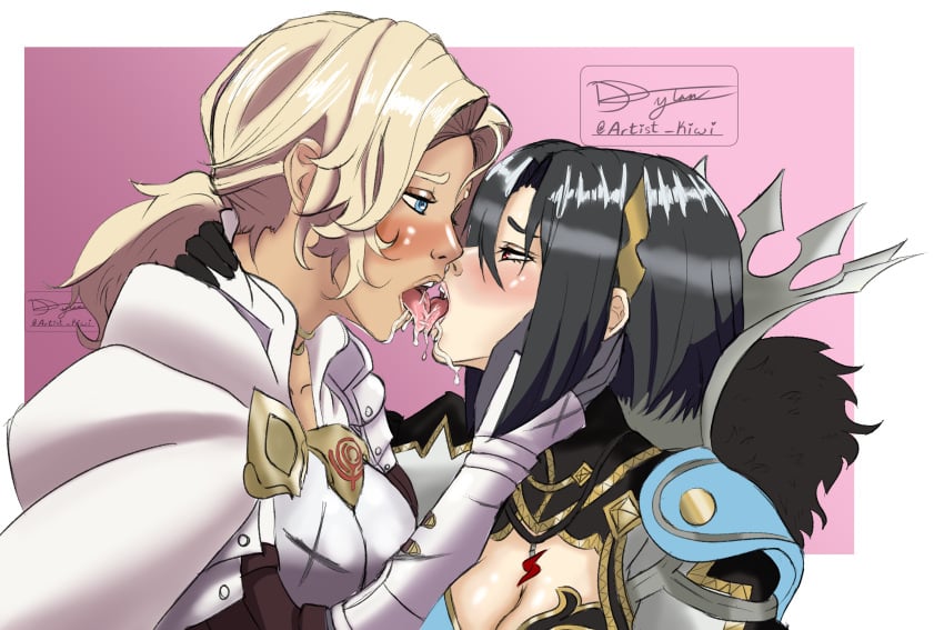 2girls alternate_version_available arm_around_neck armor artist_kiwi black_hair blonde_hair blue_eyes blush breasts caress caressing_face catherine_(fire_emblem) cleavage dark-skinned_female dark_skin drooling female female_only fire_emblem fire_emblem:_three_houses fire_emblem_engage french_kiss gloves hair_between_eyes hand_on_another's_face knight looking_at_another medium_breasts medium_hair multiple_girls nel_(fire_emblem) nintendo ponytail red_eyes saliva saliva_trail short_hair sloppy sloppy_kiss small_breasts tongue tongue_out yuri