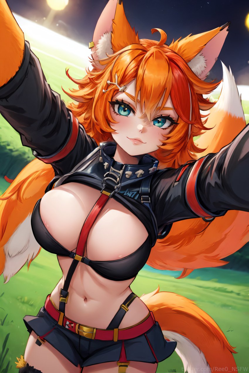 absurd_res absurdres ahoge ai_generated animal_ear_fluff animal_ears areola_slip bangs belt between_breasts black_skirt blue_eyes blush breasts buffpup_(vtuber) cleavage closed_mouth collar cowboy_shot ear_piercing earrings female fox_ears fox_girl fox_tail garter_straps hair_between_eyes hair_ornament hairclip hi_res highres indie_virtual_youtuber large_breasts lips long_hair long_sleeves looking_at_viewer microskirt miniskirt navel orange_hair outdoors piercing ree0 shorts skirt smile solo tail thighhighs virtual_youtuber vtuber