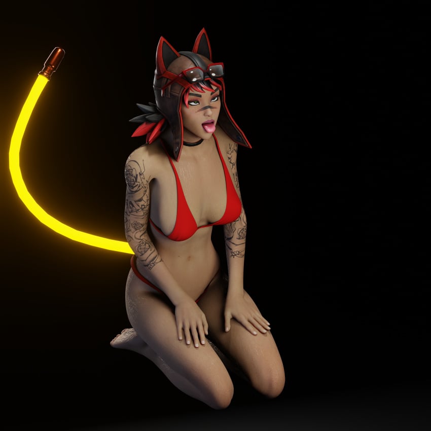 1girls ahe_gao black_background black_hair cat_hat cat_tail choker epic_games eyelashes eyeshadow female fortnite fortnite:_battle_royale green_eyes kneeling narrowed_eyes petite purple_eyeshadow purple_lipstick red_hair renegade_lynx seductive_mouth tagme tan_skin tattoo tongue_out two_tone_hair yeeup yeeup