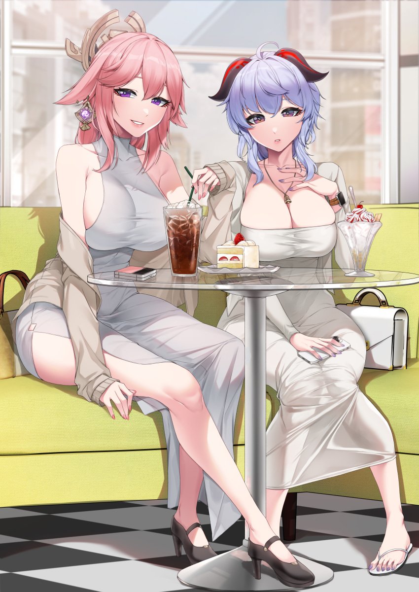 2girls akchu blue_hair breasts cleavage dress female fox_ears fox_girl ganyu_(genshin_impact) genshin_impact hi_res horns kitsune large_breasts light-skinned_female light_skin long_hair nail_polish pink_hair pink_nails purple_eyes purple_nails thick_thighs wide_hips yae_miko