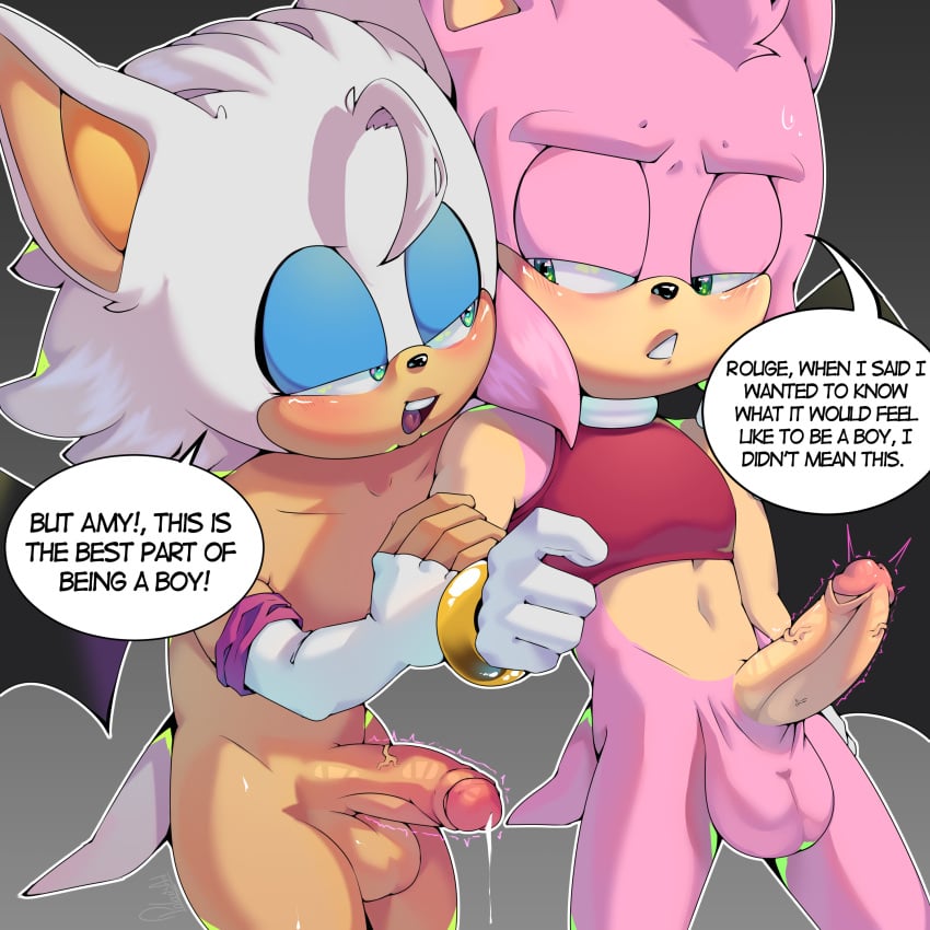 absurd_res amy_rose anthro archie_comics balls bat bodily_fluids clothed clothed/nude clothing cum cum_on_penis duo elbow_gloves erection eulipotyphlan excited furry furry_male genderswap_(ftm) genital_fluids genitals gloves hedgehog hi_res idw_publishing male male/male mammal mobian_bat mobian_hedgehog nude penis pinup polarisart pose rouge_the_bat rule_63 sega sonic_(series) sonic_the_hedgehog_(archie) sonic_the_hedgehog_(comics) sonic_the_hedgehog_(idw) sonic_the_hedgehog_(series) speech_bubble text