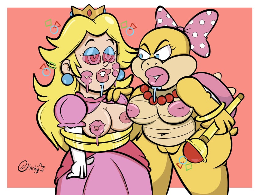 anthro blonde_hair captured crown exposed_breasts exposed_pussy female hypnosis hypnotic_kiss innie_nipples interspecies kirbyjack kiss_mark koopa lesbian_kiss lipstick magic mario_(series) princess_peach wendy_o._koopa yuri