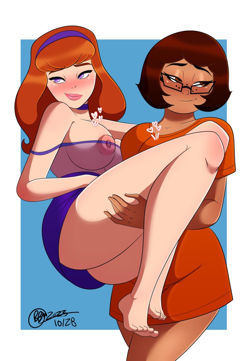 2girls barefoot big_breasts blush breasts bridal_carry brown_eyes brown_hair bunbunmuffinart carrying_partner daphne_blake female female_only freckles glasses heart heartbeat huge_breasts large_breasts lesbian lingerie multiple_girls nipples purple_eyes red_hair scooby-doo see-through_clothing signature smile smiling text upskirt velma_dinkley yuri