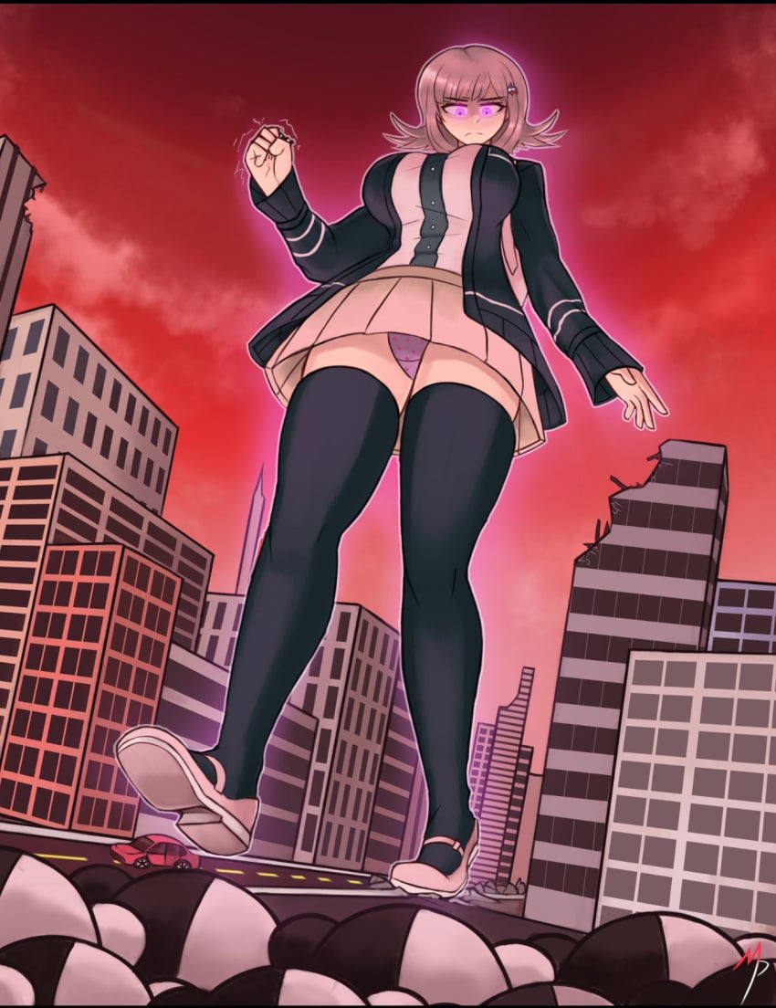 ass_expansion breast_expansion building car danganronpa danganronpa_2:_goodbye_despair destruction flats giantess glowing glowing_eyes growth huge_ass huge_breasts magnaprospekt mary_janes monokuma nanami_chiaki panties thick_thighs thighhighs