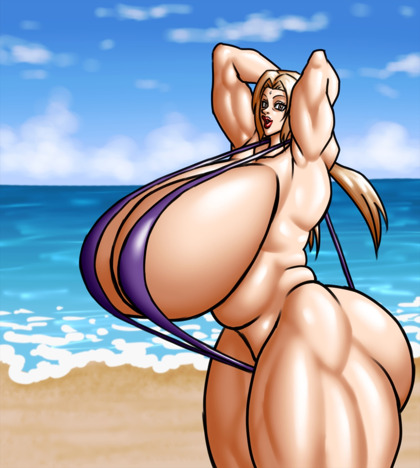 1girls beach big_breasts blonde_female blonde_hair breasts giant_breasts gigantic_breasts huge_breasts large_breasts massive_breasts muscular muscular_female naruto naruto_(series) negoto_(nego6) outdoors shounen_jump tagme thick_thighs thighs tsunade