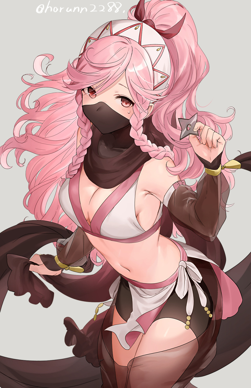 1girls alternate_costume bare_shoulders black_mask blush braid breasts cleavage covered_mouth female female female_only fire_emblem fire_emblem_awakening fire_emblem_fates fire_emblem_heroes gloves hairband haru_(nakajou-28) highres jewelry long_hair looking_at_viewer mask medium_breasts mouth_mask navel ninja ninja_mask nintendo olivia_(fire_emblem) pink_eyes pink_hair ponytail shuriken side_braid sideboob simple_background solo sweatdrop twin_braids weapon