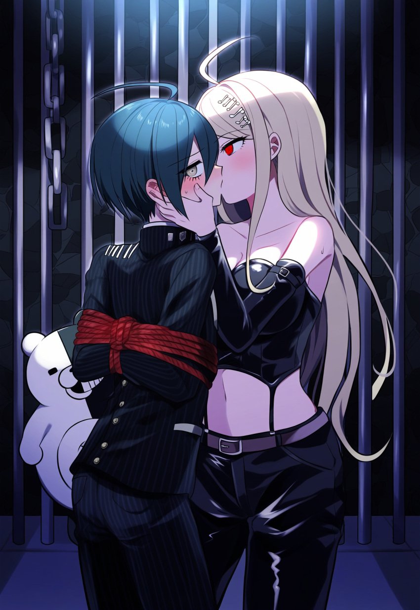 1boy 1boy1girl 1girls ahoge ai_generated akamatsu_kaede bare_shoulders belt big_breasts black_pants black_strapless danganronpa danganronpa_v3 dark_room dominant_female femdom forced hand_on_another's_face hands_behind_back high_quality hypnosis kissing latex leather_straps midriff mind_control monokuma nai_diffusion prison red_eyes restrained rope saihara_shuuichi sitting sleeves spiral_eyes stable_diffusion strapless submissive_male