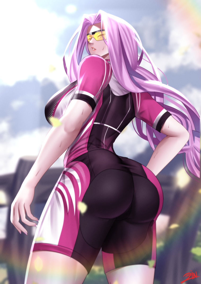 absurdres alternate_costume ass ass_focus big_ass big_breasts big_butt bike_shorts black_shorts blush braid braided_ponytail breasts bubble_ass bubble_butt butt butt_focus cycling_uniform fate/grand_order fate/stay_night fate_(series) female forehead highres large_breasts long_hair looking_at_viewer looking_back medusa_(fate) medusa_(rider)_(fate) parted_bangs parted_lips purple_eyes purple_hair round_ass round_butt short_sleeves shorts sideboob sidelocks sky solo sports_sunglasses very_long_hair zinfian