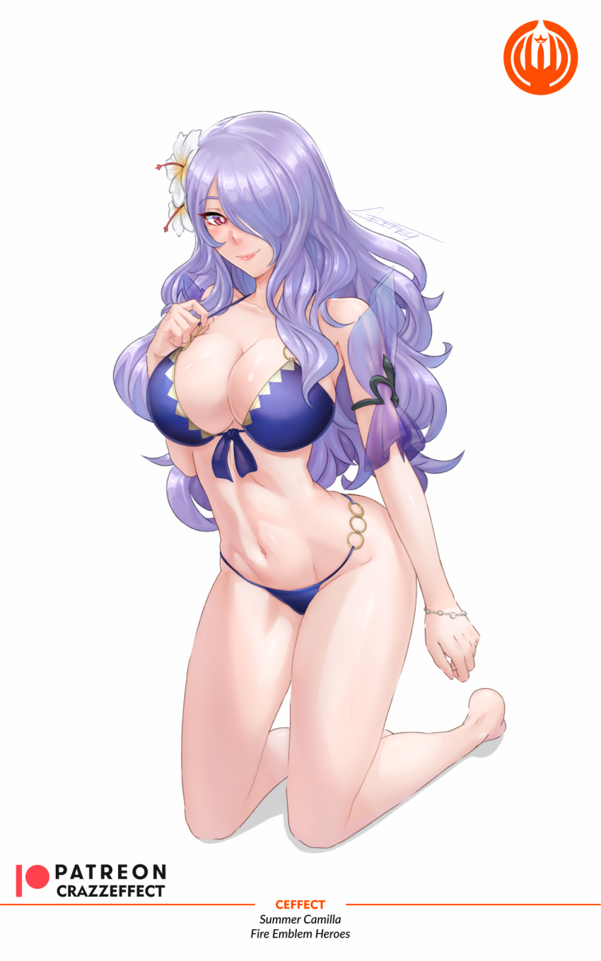 1girls alternate_costume bare_legs bare_shoulders barefoot bikini blue_bikini blue_swimsuit breasts camilla_(fire_emblem) camilla_(summer)_(fire_emblem) cleavage crazzeffect english_commentary female female female_only fire_emblem fire_emblem_fates fire_emblem_heroes flower hair_flower hair_ornament hair_over_one_eye highres kneeling large_breasts long_hair looking_at_viewer navel nintendo official_alternate_costume pink_eyes purple_hair simple_background solo stomach swimsuit thighs very_long_hair white_background white_flower