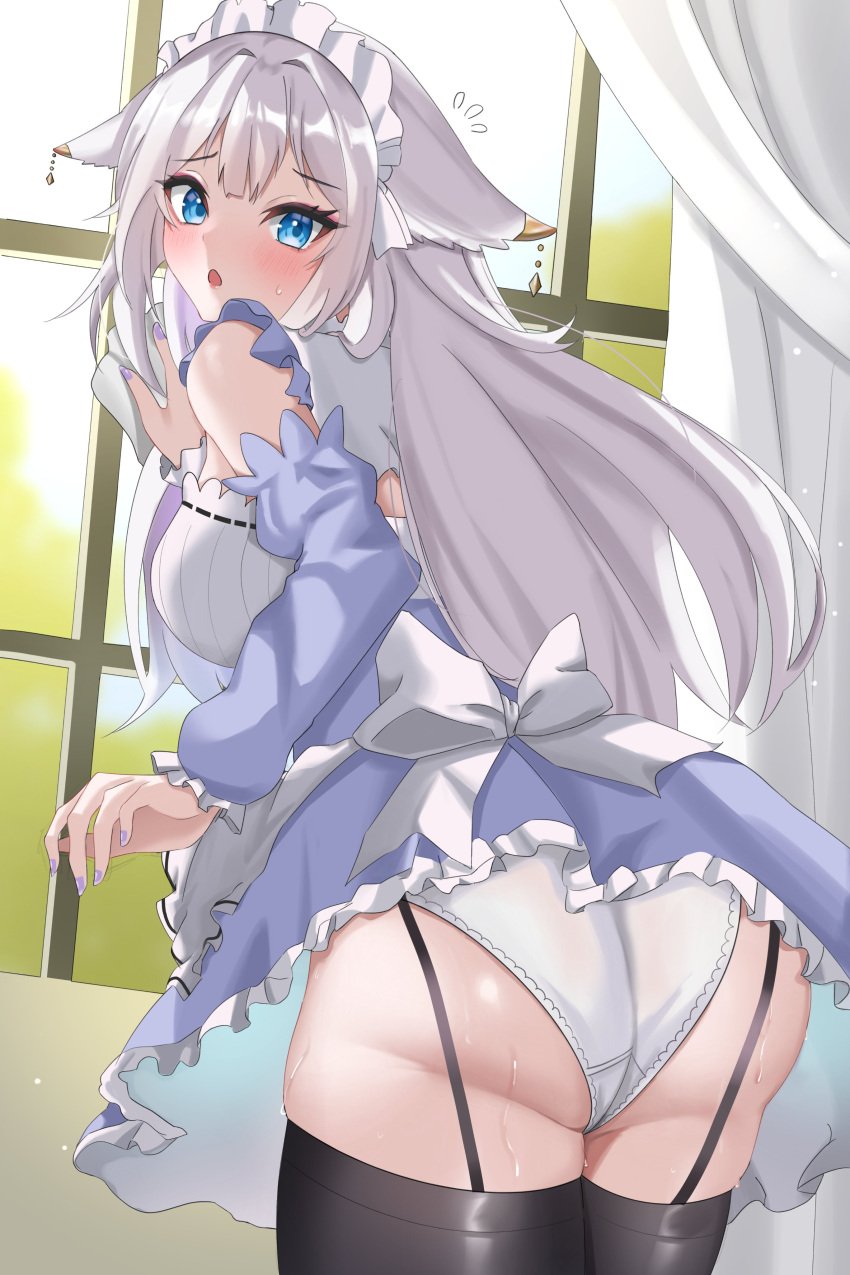 1girls allyse animal_ears blue_eyes detached_sleeves eyebrows_visible_through_hair female female_only headdress indie_virtual_youtuber indoors jewelry light-skinned_female light_skin maid maid_headdress maid_uniform panties pantyshot purple_nails solo sweat virtual_youtuber white_panties wolf_ears wolf_girl yobi_(ybpac18)