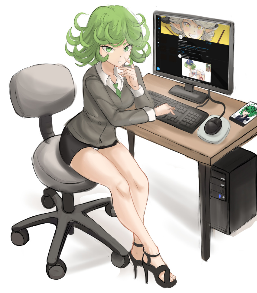 1girls black_skirt blouse breasts chair computer computer_monitor computer_mouse desk female female_only green_eyes green_hair grey_blouse high_heels looking_at_viewer medium_breasts necktie office_lady one-punch_man pencil_skirt rakeemspoon shirt short_hair sitting_on_chair skirt swivel_chair tatsumaki twitter white_shirt