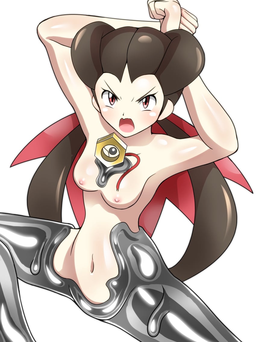 1girls angry blush bow breasts brown_hair clenched_hands hand_up hands_on_own_head large_breasts liquid_metal looking_at_viewer meltan metal mythical_pokemon nintendo nipples nude open_mouth pink_bow pokémon_(species) pokemon pokemon_oras red_eyes roxanne_(pokemon) shoukin500 thighs transformation twintails