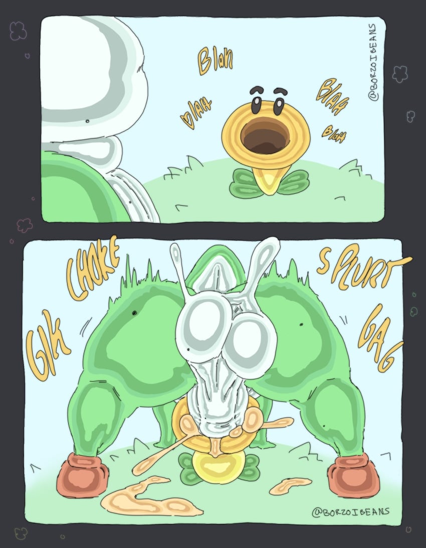 :>= anthro balls borzoibeans cumming_while_penetrated cumming_while_penetrating dicksucking_creature duo flower genitals hi_res male male_only mario_(series) nintendo penis plant sex super_mario_bros._wonder talking_flower_(super_mario_bros._wonder) text yellow_flower yoshi