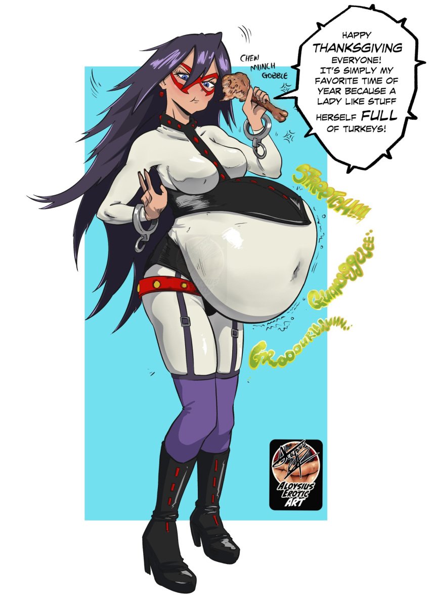 1girls aloysius belly belly_stuffing big_belly big_breasts bloated bloated_belly breasts dialogue eating female female_only food huge_belly midnight_(my_hero_academia) my_hero_academia nipple_bulge skintight stomach_noises stuffed stuffed_belly stuffing text