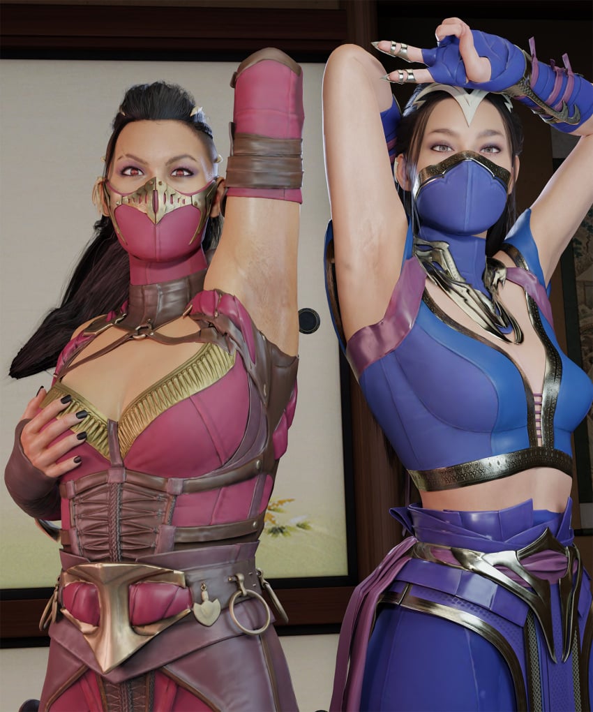 2girls armpits asian_female blender blue_outfit clothed female_focus female_only grabbing_own_breast kitana kitana_(new_era) mask masked masked_female mileena mileena_(new_era) mortal_kombat mortal_kombat_1_(2023) pink_outfit sisters theblendertaper xps