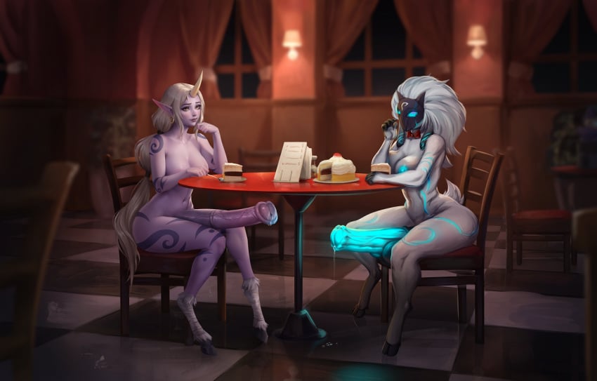 2futas animal_genitalia animal_genitalia_on_humanoid animal_penis anthro balls big_balls big_penis bodily_fluids bovid breasts cake caprine celestial_(league_of_legends) dessert duo eating equine_genitalia equine_penis flared_penis food fur futa_only futanari genital_fluids genitals glowing glowing_eyes glowing_genitalia glowing_markings glowing_penis goat gynomorph hooves horn horny horsecock_on_humanoid huge_cock humanoid humanoid_pointy_ears intersex kalivero kindred lamb_(league_of_legends) league_of_legends mammal markings mask medial_ring medium_breasts nude penis precum riot_games scut_tail sheep short_tail sitting soraka tail thick_thighs vein veiny_penis white_body white_fur wide_hips