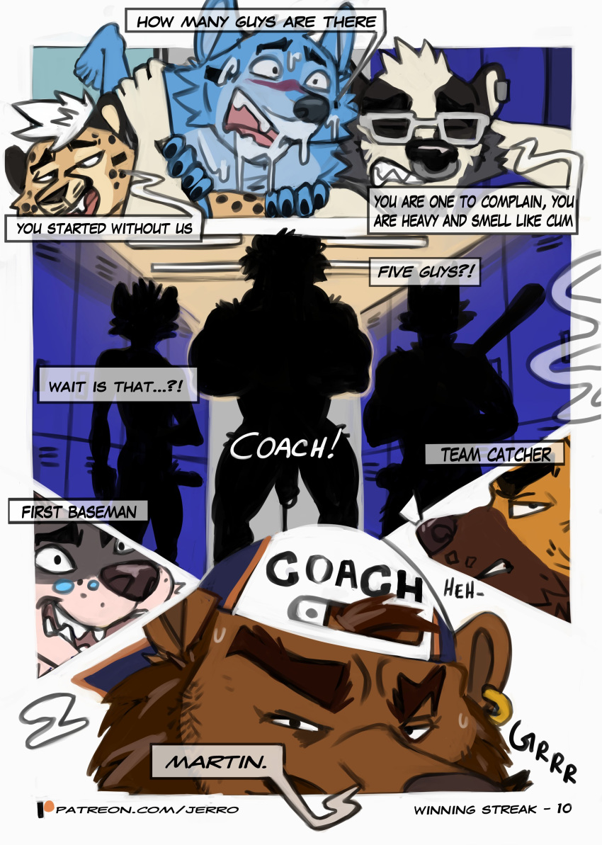 absurd_res alpha_male anthro athletic athletic_male badger baseball_bat baseball_cap bat_(object) bear beard beefy blue_body blue_fur blush bodily_fluids brown_body brown_fur brown_hair bulge canid canine canis carrying carrying_another cheetah clothing coach cocky comic confusion cum cum_on_face daddy dialogue domestic_dog dripping ear_piercing eyewear facial_hair facial_piercing felid feline fraternity fur genital_fluids genital_outline genital_piercing genitals german_shepherd glasses group hair hat headgear headwear henry_harris_baxter herding_dog hi_res hyena imminent_sex jerro locker_room male male/male male_only mammal manly mike_(freehugz) mohawk multicolored_body multicolored_fur muscular muscular_male mustelid musteline narrowed_eyes nose_piercing nose_ring page_number pastoral_dog patreon patreon_link patreon_logo penis penis_outline penis_piercing piercing precum precum_drip ring_piercing silhouette skinny skinny_male text url verbal wolf