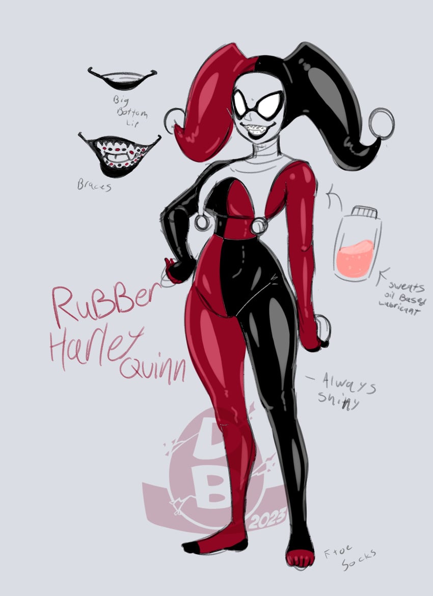 batman_(series) bodysuit braces clown clown_girl dc dc_comics diceyboi drone female_focus harley_quinn harley_quinn_(classic) jester latex latex_bodysuit latex_drone latex_skin latex_suit naked_female rubber rubber_suit self_upload shiny_skin sketch thick_thighs