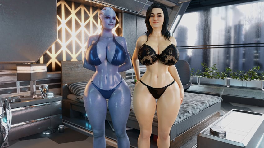 2girls 3d 3d_(artwork) absurdres alien alien_girl alien_humanoid apartment arms_around_waist bed bikini black_hair blue_bikini blue_skin blue_skinned_female detailed_background female_focus female_only guidugalle guimontag hand_on_butt hand_on_hip hands_behind_back huge_breasts human liara_t'soni light-skinned_female light_skin lingerie looking_at_viewer mass_effect medium_hair miranda_lawson pin-up raining shiny_skin small_waist smiling smiling_at_viewer standing sweat thick_thighs wide_hips window