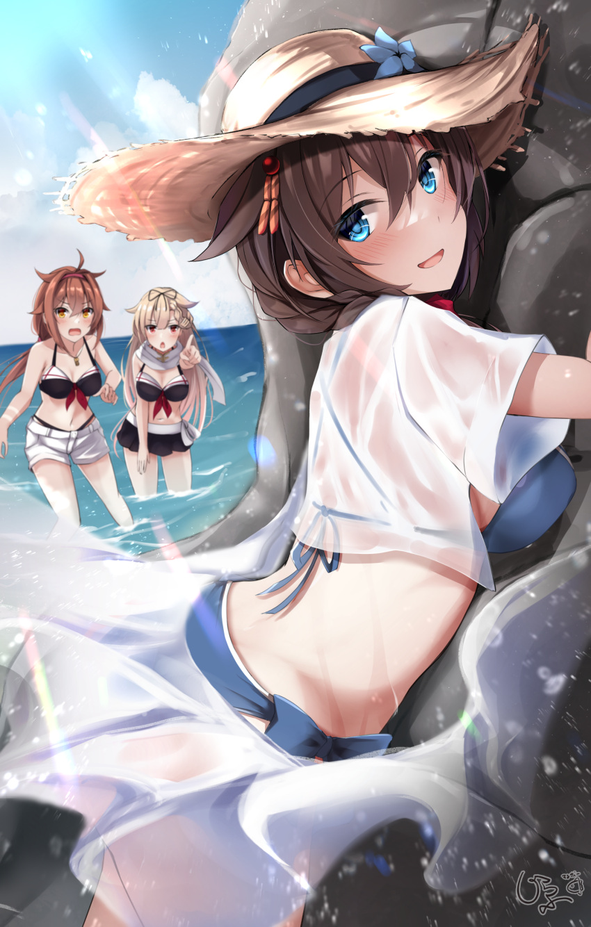 3girls artist_logo bikini black_bikini black_hair blue_bikini blue_eyes blue_sky braid breasts brown_headwear cloud collared_shirt cowboy_shot day dress_shirt female_only flower giraffe_(ilconte) hair_flaps hair_ornament hair_over_shoulder hat hat_flower highres kantai_collection looking_at_viewer md5_mismatch medium_breasts multiple_girls official_alternate_costume outdoors outside rock shigure_(kantai_collection) shigure_kai_san_(kantai_collection) shiratsuyu_(kantai_collection) shirt side-tie_bikini_bottom single_braid sky solo_focus straw_hat sun_hat swimsuit wet wet_clothes wet_shirt white_shirt yuudachi_(kantai_collection)