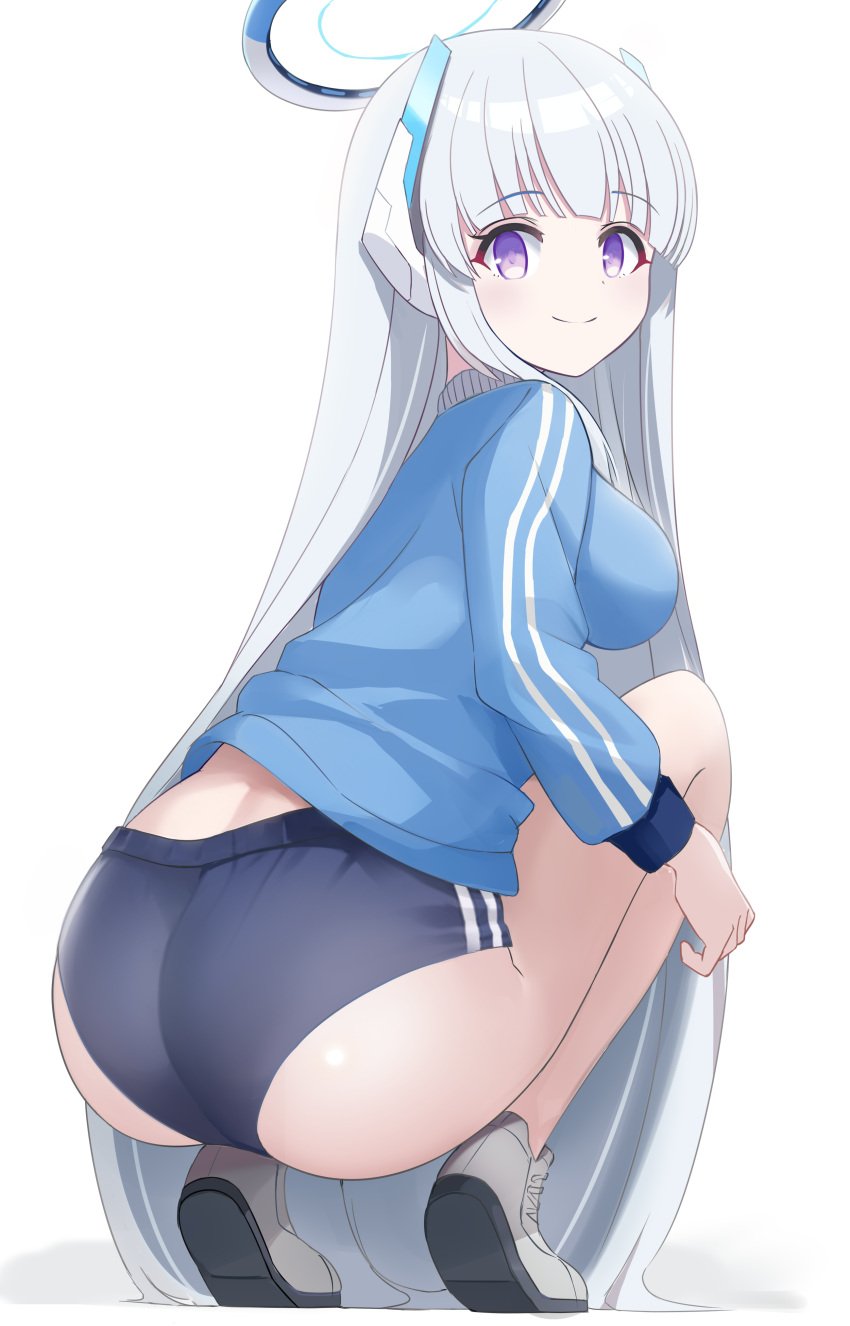 absurdres ass black_buruma blue_archive blue_jacket breasts buruma closed_mouth female grey_hair halo highres jacket large_breasts long_hair long_sleeves looking_at_viewer mechanical_halo millennium_science_school_student noa_(blue_archive) noa_(gym_uniform)_(blue_archive) purple_eyes seminar_(blue_archive) smile solo sorozukin