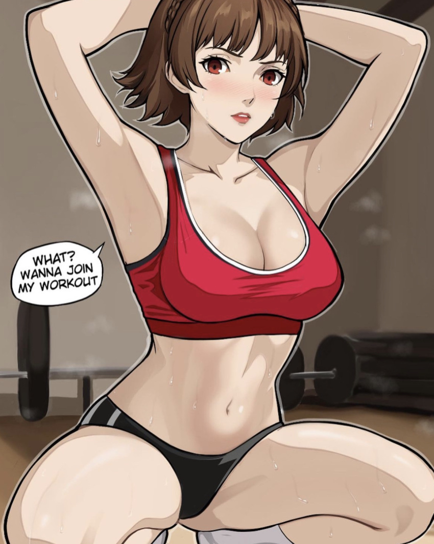 1girls basketball_court belly belly_button blush breasts brown_hair cleavage dialogue gym indoors lepypepy makoto_niijima persona persona_5 red_eyes short_hair solo solo_focus squatting sweat tight_clothing workout workout_clothes