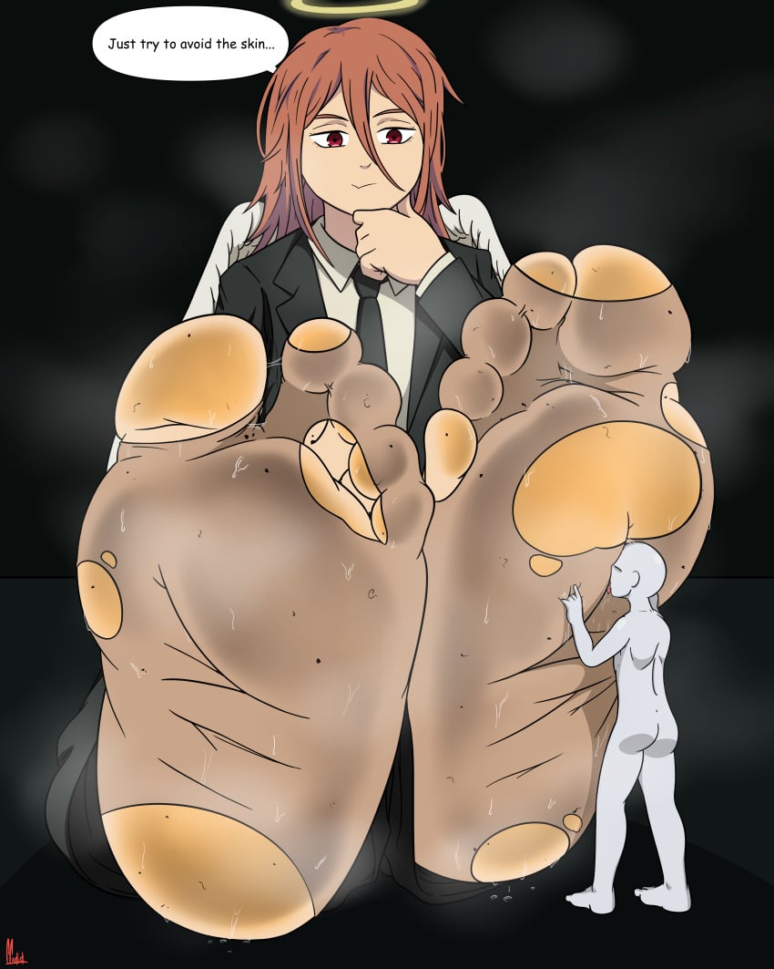 1boy 1girls angel_devil_(chainsaw_man) bigger_male chainsaw_man dialogue english_text feet female ffartist foot_fetish foot_focus foot_worship giantess larger_male licking licking_feet macro male maledom red_hair size_difference steamy steamy_feet sweaty_feet text tongue tongue_out