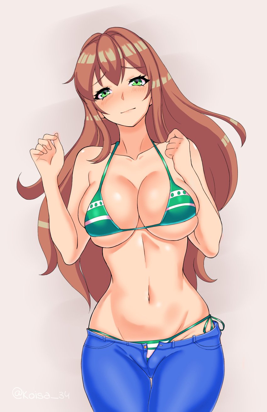 1girls artist_request breasts cleavage crossover doki_doki_literature_club female female_only green_eyes koisa34 looking_at_viewer monika_(doki_doki_literature_club) nami_(one_piece)_(cosplay) one_piece solo