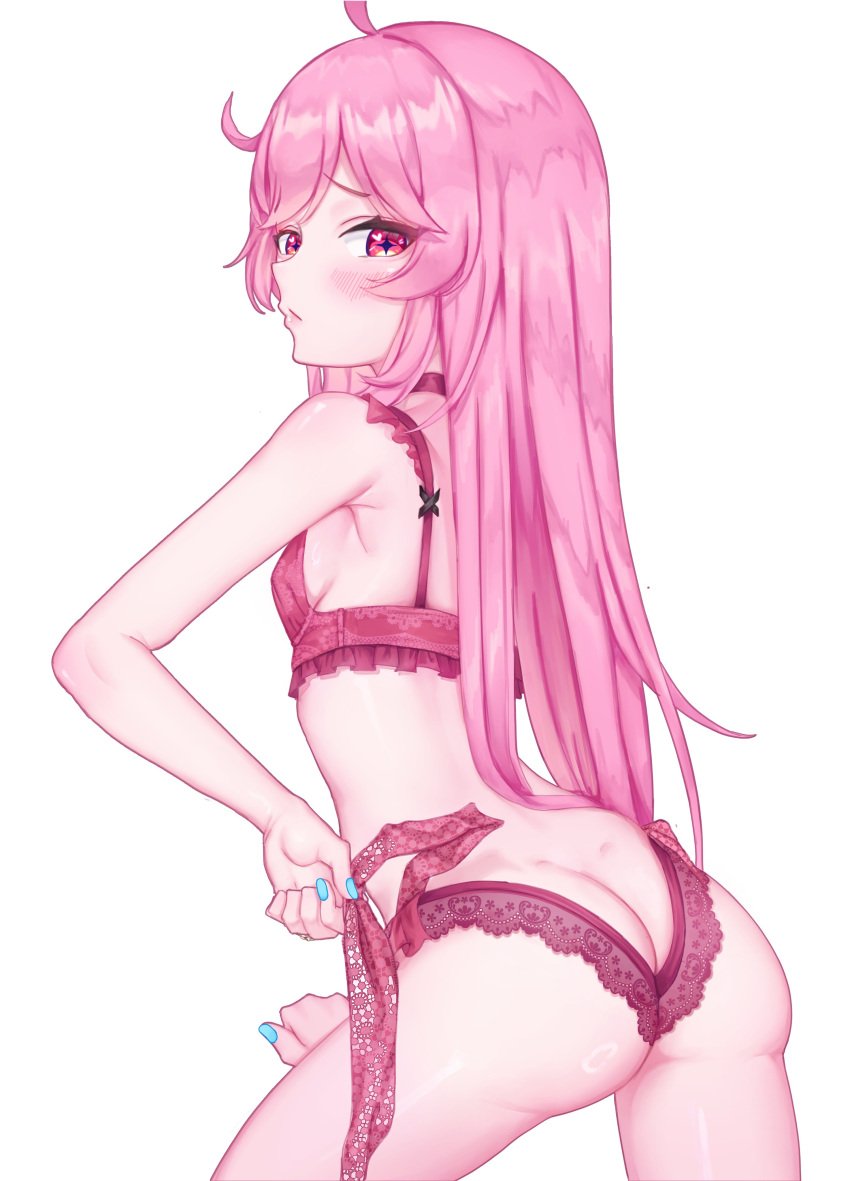 1girls ass blue_nails blush bra breasts dress_up eien_project female female_only kiki_lockheart light-skinned_female light_skin lingerie lunarisbloom_(artist) panties pink_bra pink_eyes pink_hair pink_panties sideboob small_breasts solo star-shaped_pupils symbol-shaped_pupils underwear virtual_youtuber