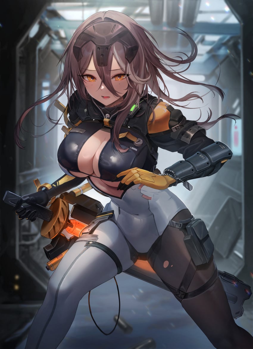 1girls absconditus amber_eyes bionic_arm breasts brown_hair cleavage dog_tags female female_focus female_only full_color haru_(snowbreak:_containment_zone) snowbreak:_containment_zone sword tagme