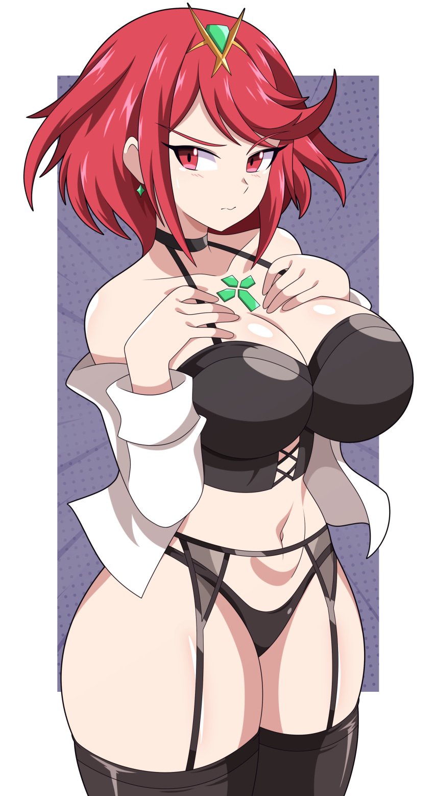 1girls abysswatchers breasts cleavage commission embarrassed female hips huge_breasts large_breasts light-skinned_female light_skin nintendo panties pyra red_eyes red_hair short_hair short_red_hair skindentation thick_thighs thighhighs thighs wide_hips xenoblade_(series) xenoblade_chronicles_2