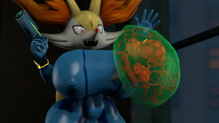 3d braixen dark_room furry grabbing_breasts gun huge_breasts ironhawk metroid metroid_(creature) nipple_outline pokemon pokemon_(species) sfm source_filmmaker surprised zero_suit