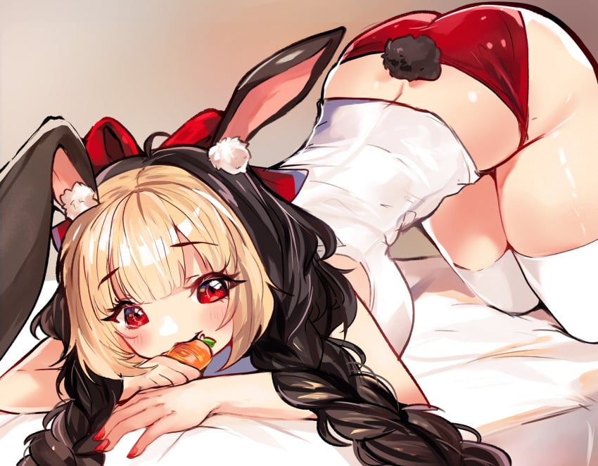 1girls angstowo black_hair blonde_hair blush breasts bunny_ears bunny_girl bunny_tail carrot clothed clothing eyebrows_visible_through_hair female female_only food huge_breasts indie_virtual_youtuber lauporrit light-skinned_female light_skin looking_at_viewer panties red_eyes red_nails red_panties solo tail two_tone_hair virtual_youtuber