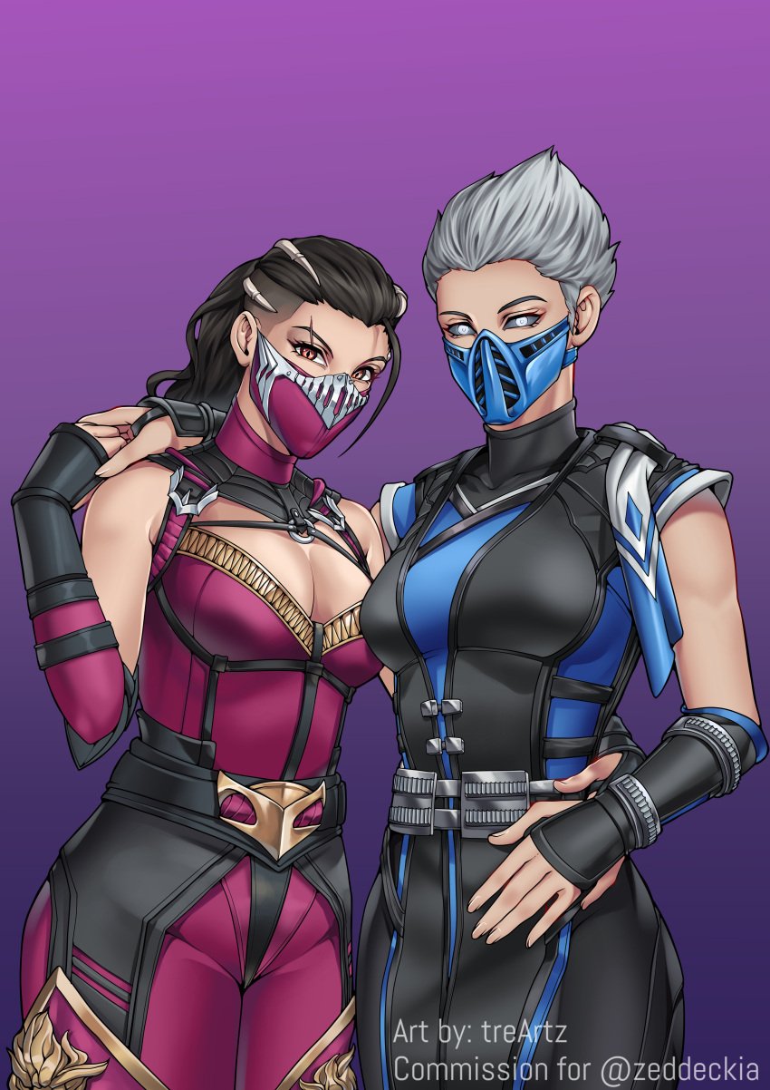 2girls armor big_breasts black_hair breasts edenian female frost_(mortal_kombat) jewelry long_hair mask masked masked_female mileena mileena_(new_era) mohleena mortal_kombat mortal_kombat_1_(2023) painted_nails ponytail purple_clothing solo solo_female tarkatan thotlerrr treartz white_hair yellow_eyes