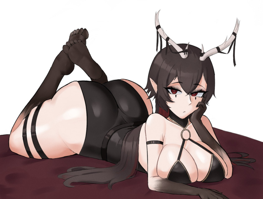 1girls antler_ornament antlers ass black_hair bland0_0 bored breasts cleavage clothed clothing devora_mori face_markings female female_only goth goth_girl huge_breasts huge_butt indie_virtual_youtuber light-skinned_female light_skin markings monster_girl pointy_ears red_eyes solo virtual_youtuber