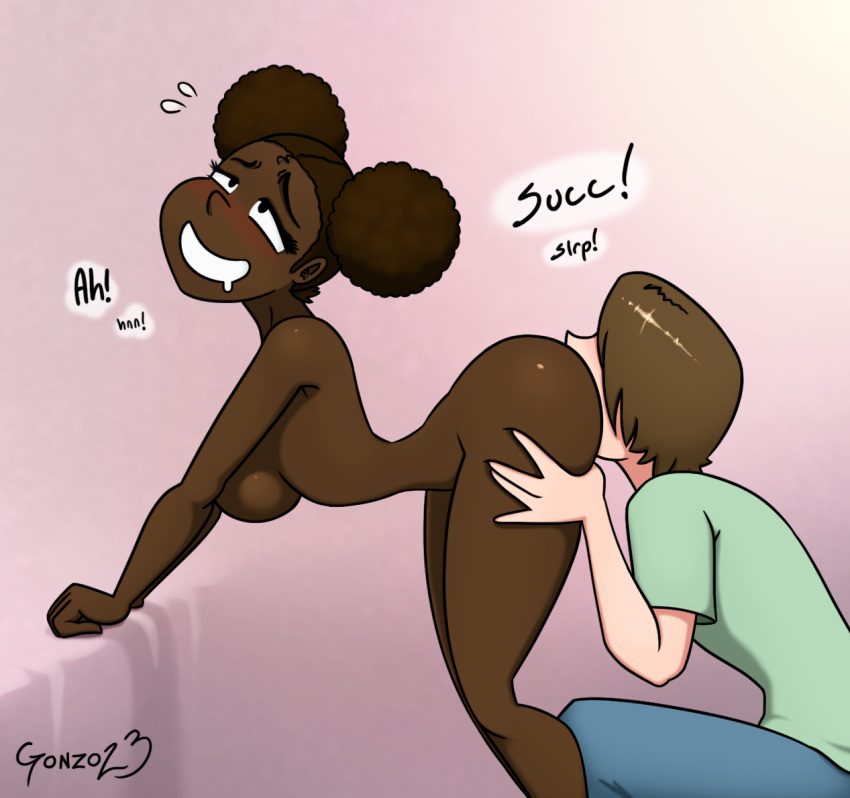 1boy 1boy1girl bent_over clothed_male_nude_female cunnilingus dark-skinned_female drgonzo drooling eating_pussy english_text female interracial nude_female original_character